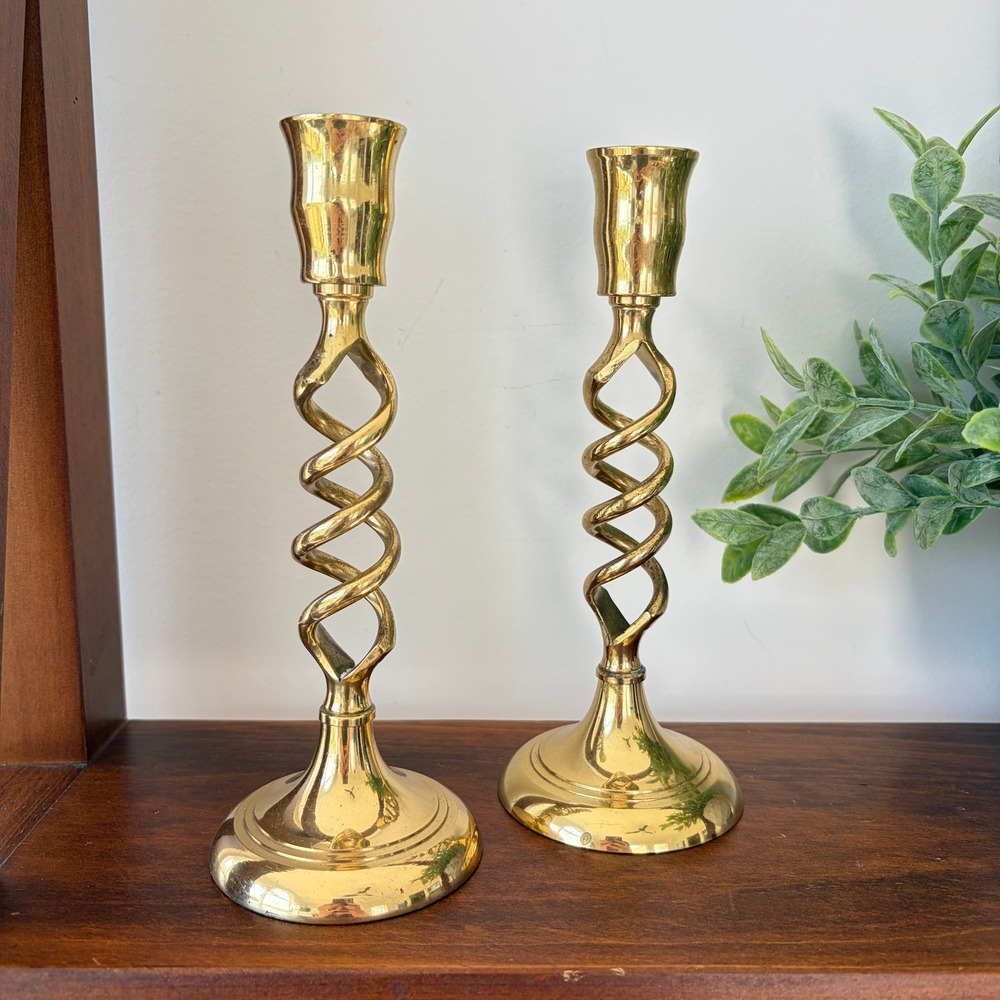 Vintage Brass Barley Twist Candlestick Holders Set of 2 Made in India 8 Inch